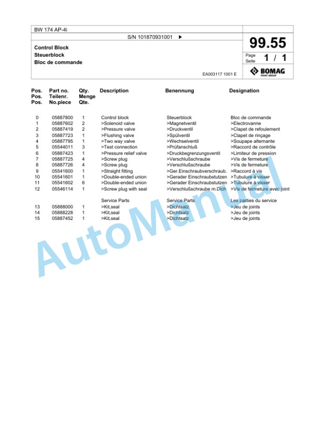Bomag BW 174 AP-4i Tandem Vibratory Roller Spare Parts Catalogue 00825053-3