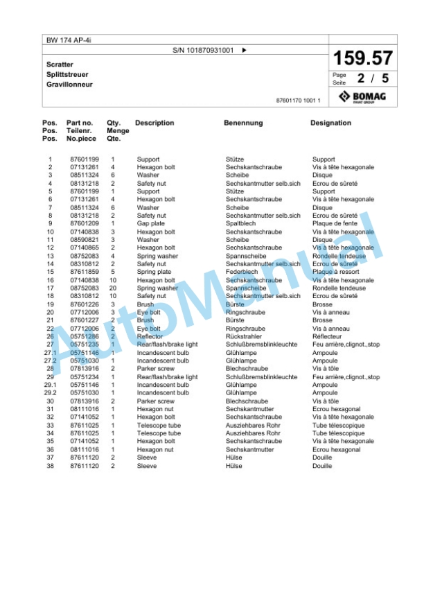 Bomag BW 174 AP-4i Tandem Vibratory Roller Spare Parts Catalogue 00825053-5