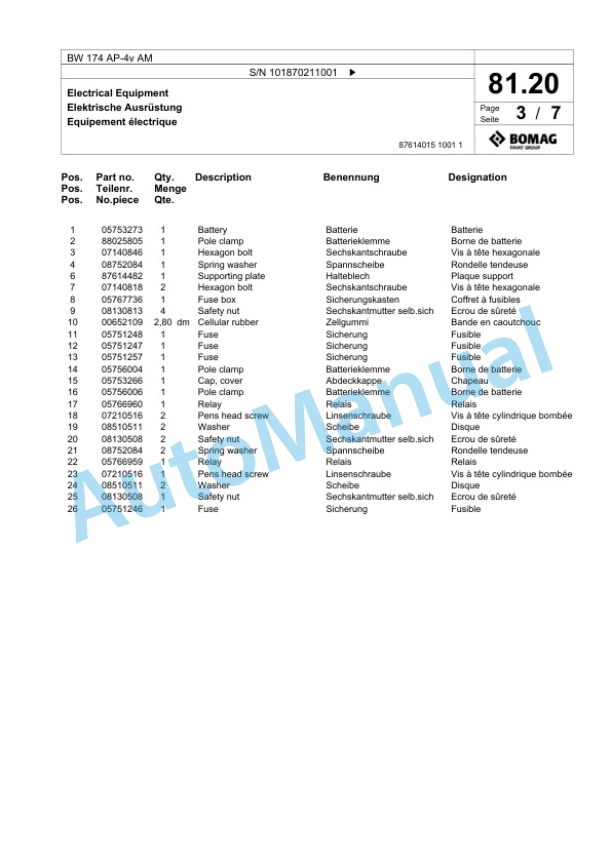 Bomag BW 174 AP-4v AM Tandem Vibratory Roller Spare Parts Catalogue 00825819-2