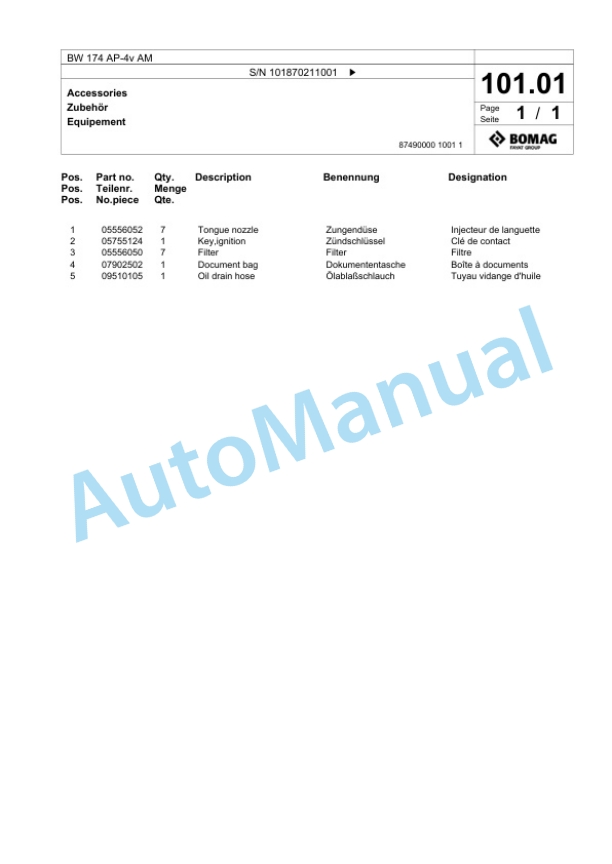 Bomag BW 174 AP-4v AM Tandem Vibratory Roller Spare Parts Catalogue 00825819-3