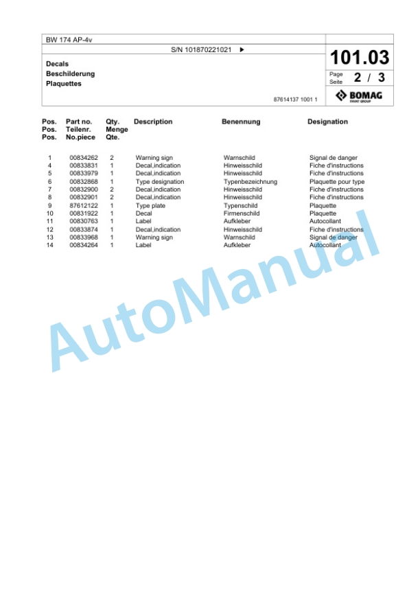 Bomag BW 174 AP-4v Tandem Vibratory Roller Spare Parts Catalogue 00825821-3