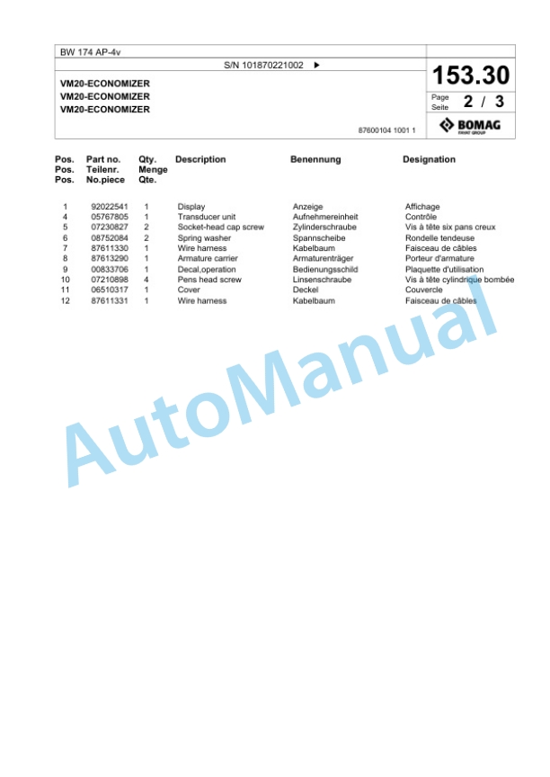Bomag BW 174 AP-4v Tandem Vibratory Roller Spare Parts Catalogue 00825821-4