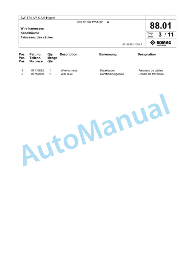 Bomag BW 174 AP-5 AM Hybrid Tandem Vibratory Roller Spare Parts Catalogue 00826447-2