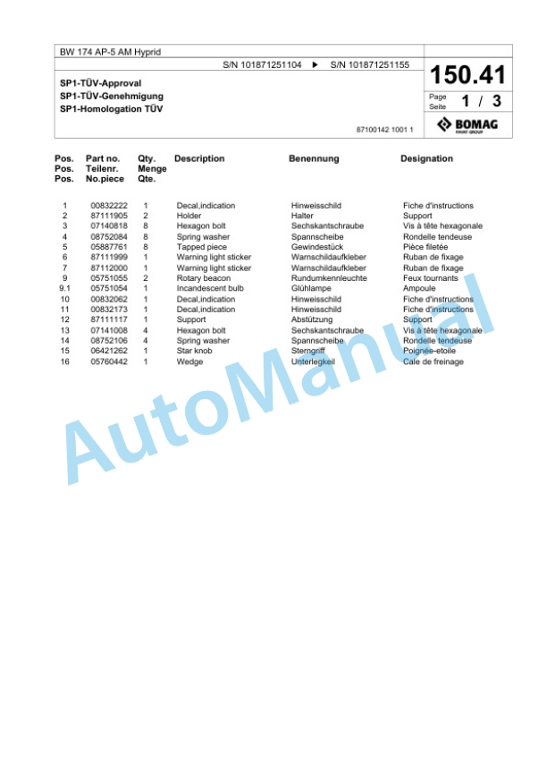 Bomag BW 174 AP-5 AM Hybrid Tandem Vibratory Roller Spare Parts Catalogue 00826447-3