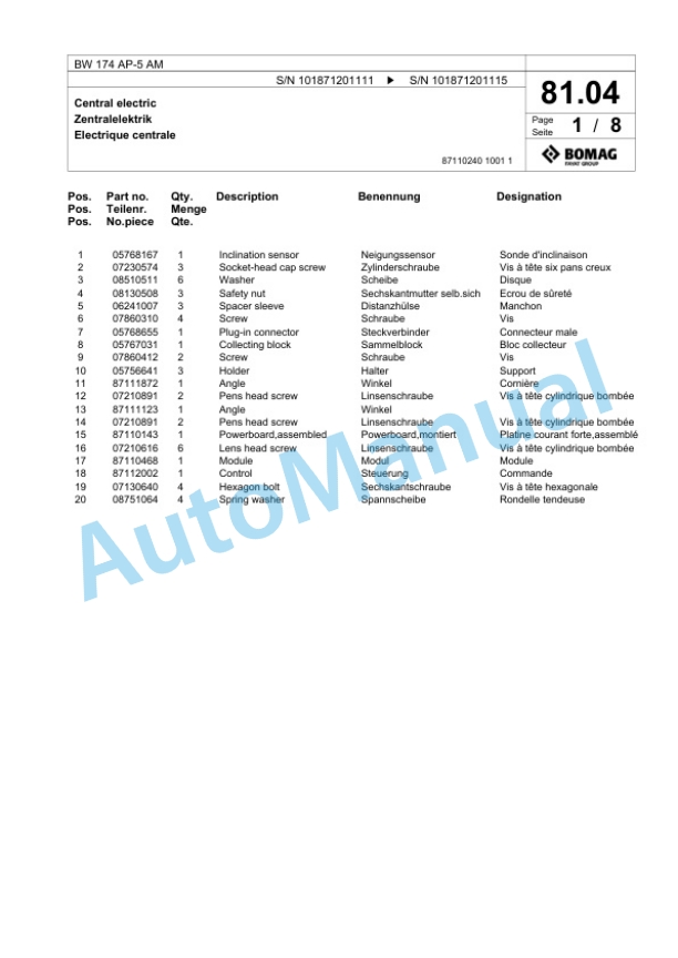 Bomag BW 174 AP-5 AM Tandem Vibratory Roller Spare Parts Catalogue 00826321-2