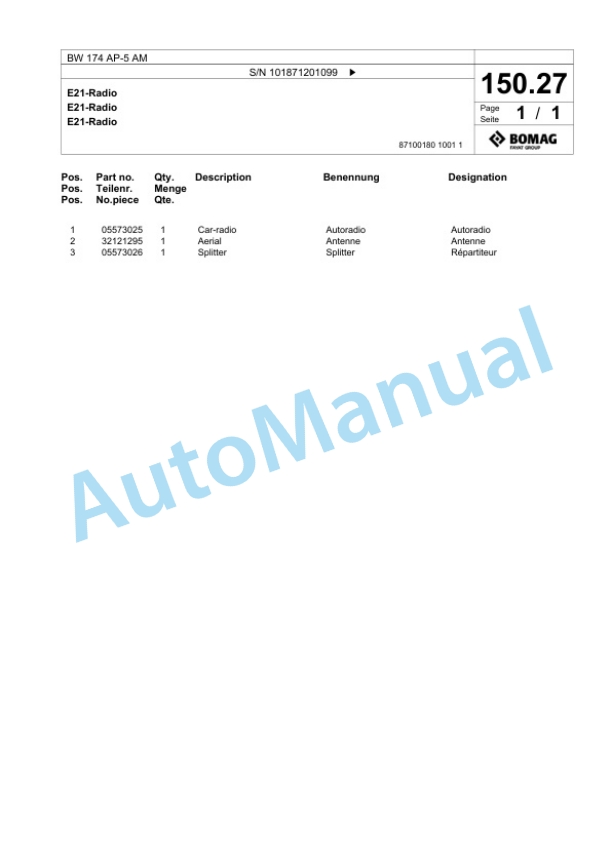 Bomag BW 174 AP-5 AM Tandem Vibratory Roller Spare Parts Catalogue 00826321-3