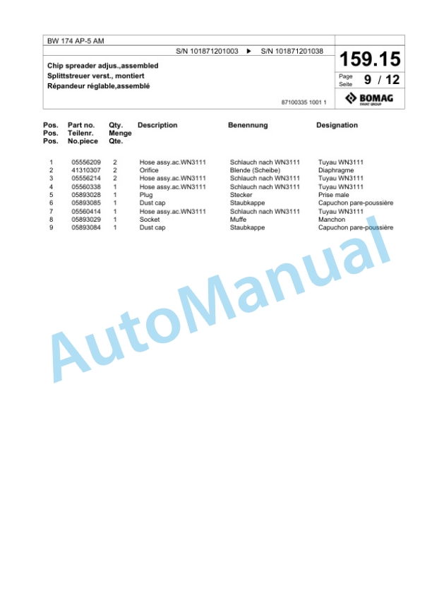 Bomag BW 174 AP-5 AM Tandem Vibratory Roller Spare Parts Catalogue 00826321-5