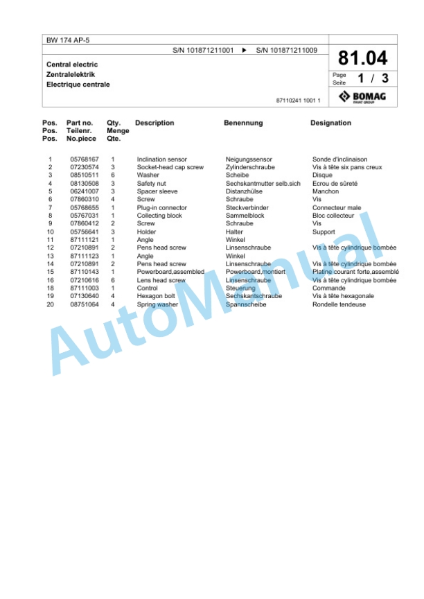 Bomag BW 174 AP-5 Tandem Vibratory Roller Spare Parts Catalogue 00826323-2