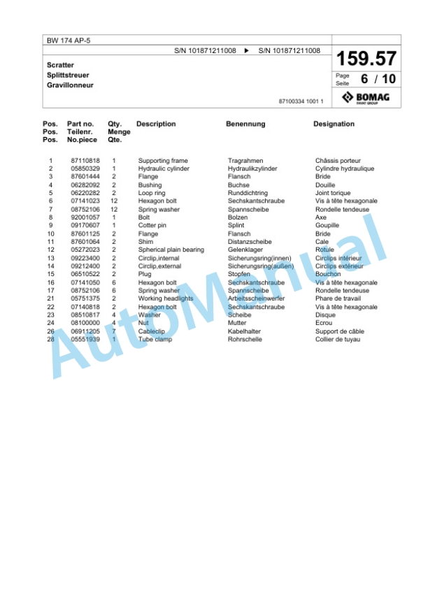 Bomag BW 174 AP-5 Tandem Vibratory Roller Spare Parts Catalogue 00826323-5