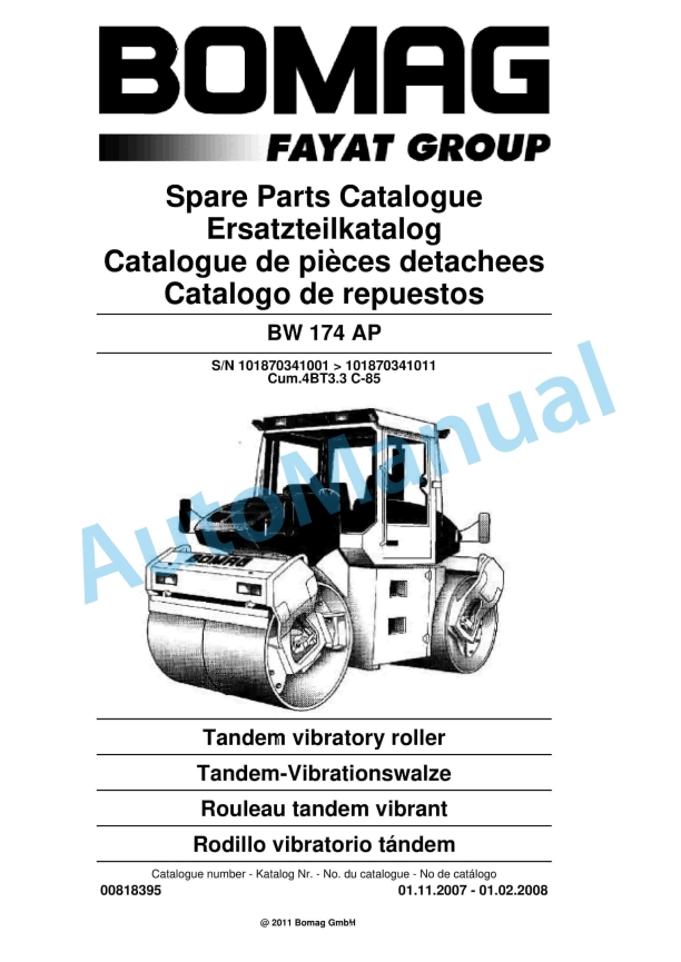 Bomag BW 174 AP Tandem Vibratory Roller Spare Parts Catalogue 00818395
