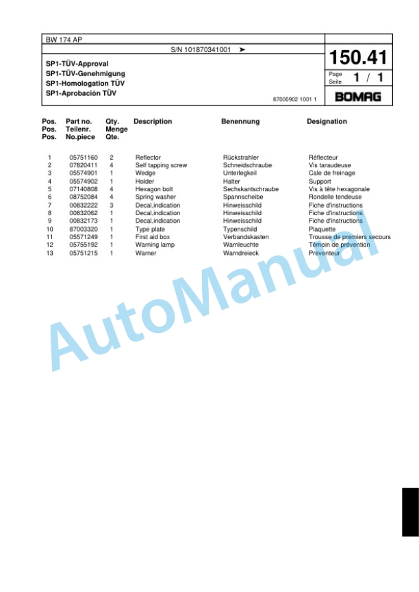 Bomag BW 174 AP Tandem Vibratory Roller Spare Parts Catalogue 00818395-4