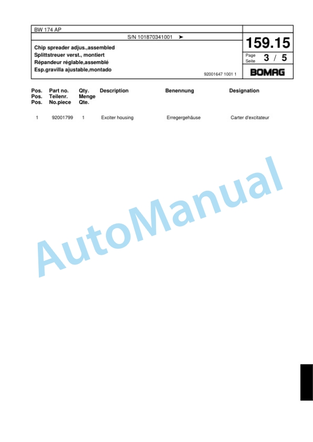 Bomag BW 174 AP Tandem Vibratory Roller Spare Parts Catalogue 00818395-5