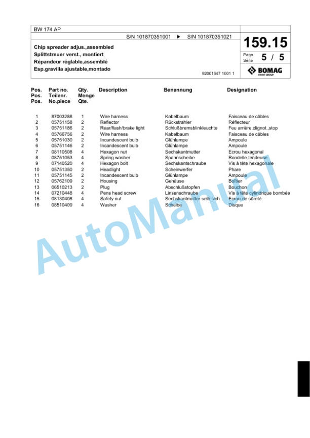 Bomag BW 174 AP Tandem Vibratory Roller Spare Parts Catalogue 00818517-5