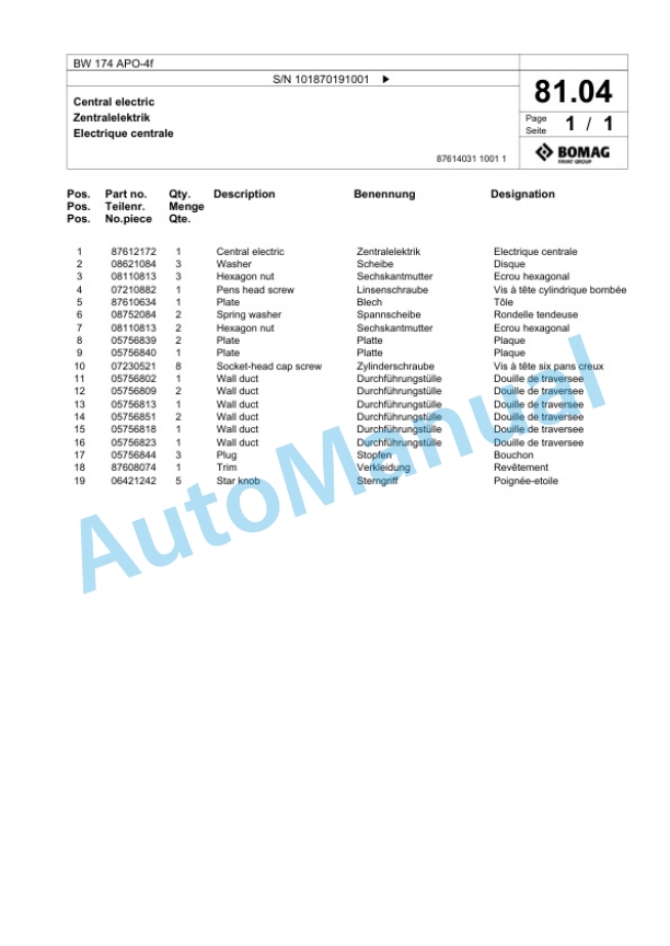 Bomag BW 174 APO-4f Tandem Vibratory Roller Spare Parts Catalogue 00826149-2