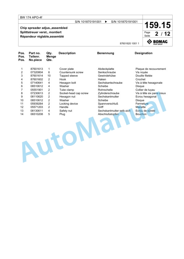 Bomag BW 174 APO-4f Tandem Vibratory Roller Spare Parts Catalogue 00826149-5