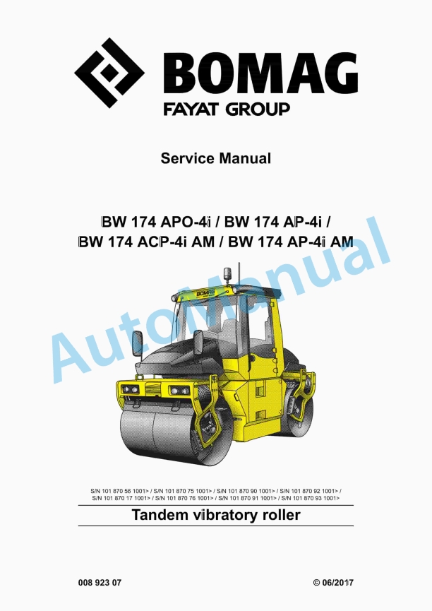 Bomag BW 174 APO-4i, BW 174 AP-4i, BW 174 ACP-4i AM, BW 174 AP-4i AM Tandem Vibratory Roller Service Manual 00892307