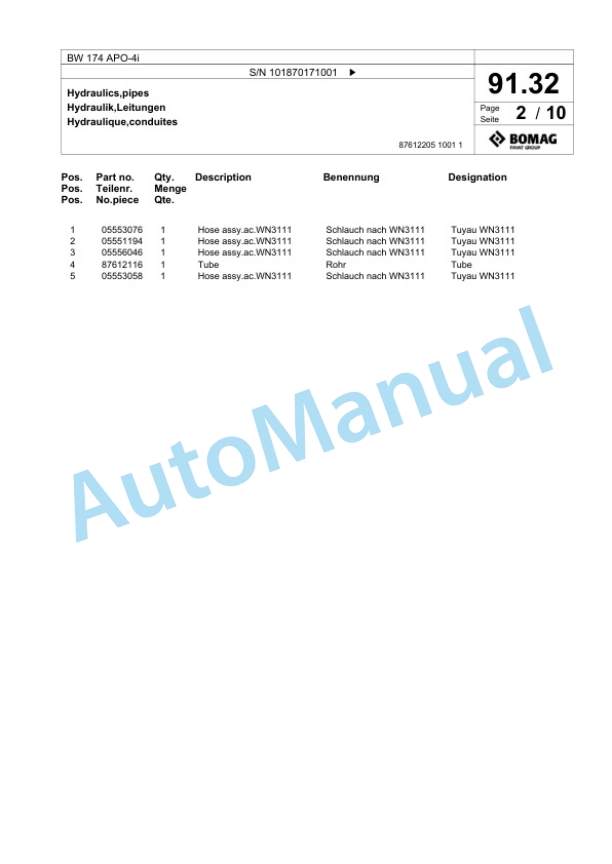 Bomag BW 174 APO-4i Tandem Vibratory Roller Spare Parts Catalogue 00825099-2