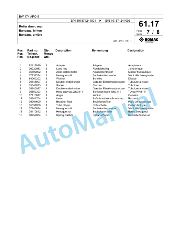 Bomag BW 174 APO-5 Tandem Vibratory Roller Spare Parts Catalogue 00826329-2