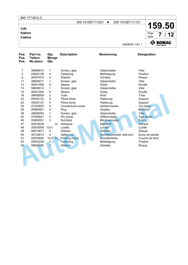 Bomag BW 177 BVC-5 Single Drum Wheel Drive Vibratory Roller Spare Parts Catalogue 00825731-5