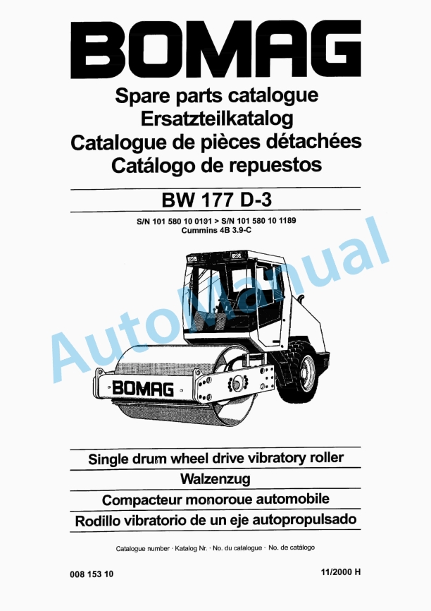 Bomag BW 177 D-3 Single Drum Wheel Drive Vibratory Roller Spare Parts Catalogue 00815310