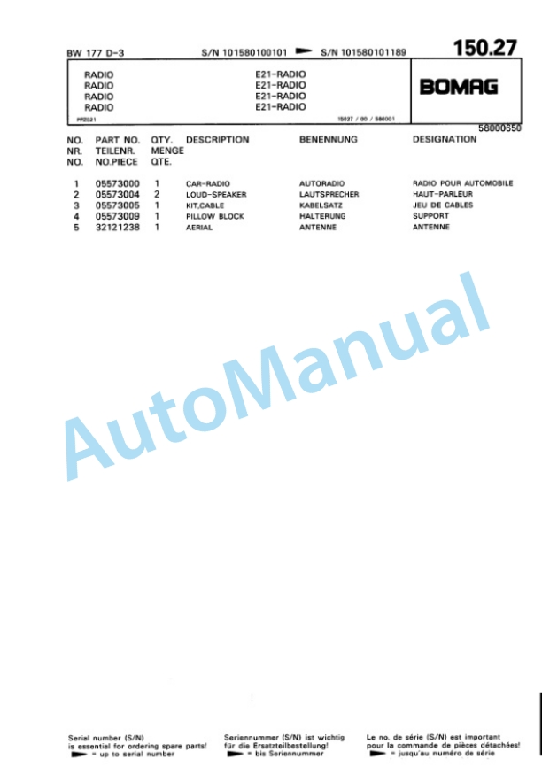 Bomag BW 177 D-3 Single Drum Wheel Drive Vibratory Roller Spare Parts Catalogue 00815310-3