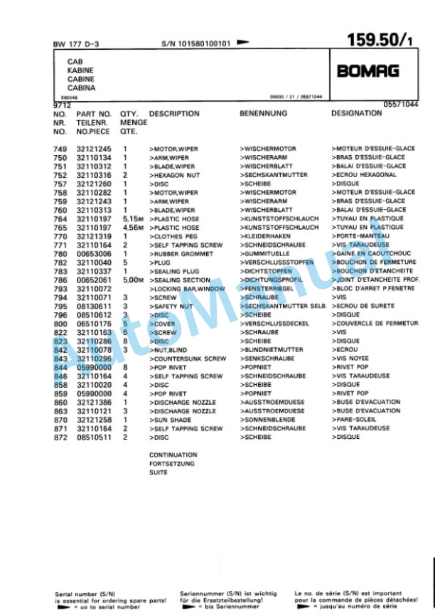 Bomag BW 177 D-3 Single Drum Wheel Drive Vibratory Roller Spare Parts Catalogue 00815310-4