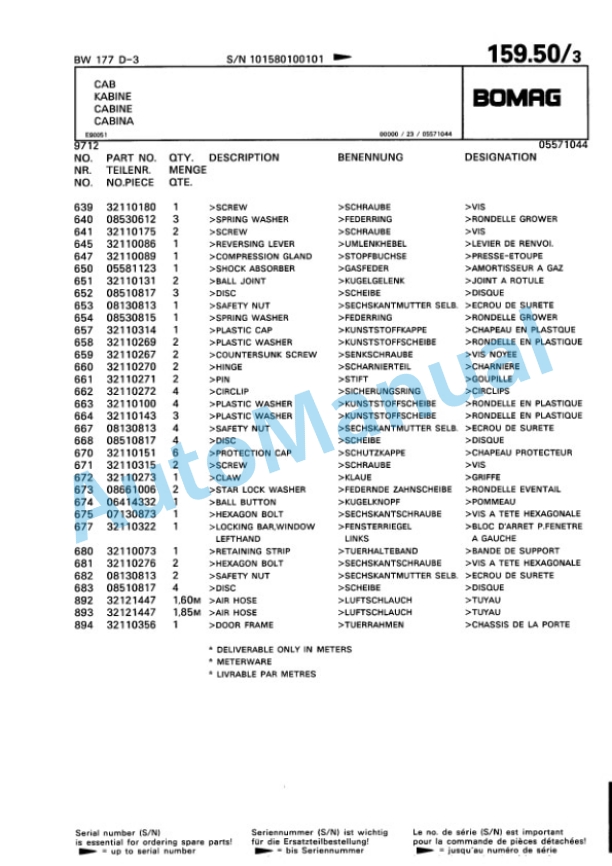 Bomag BW 177 D-3 Single Drum Wheel Drive Vibratory Roller Spare Parts Catalogue 00815310-5