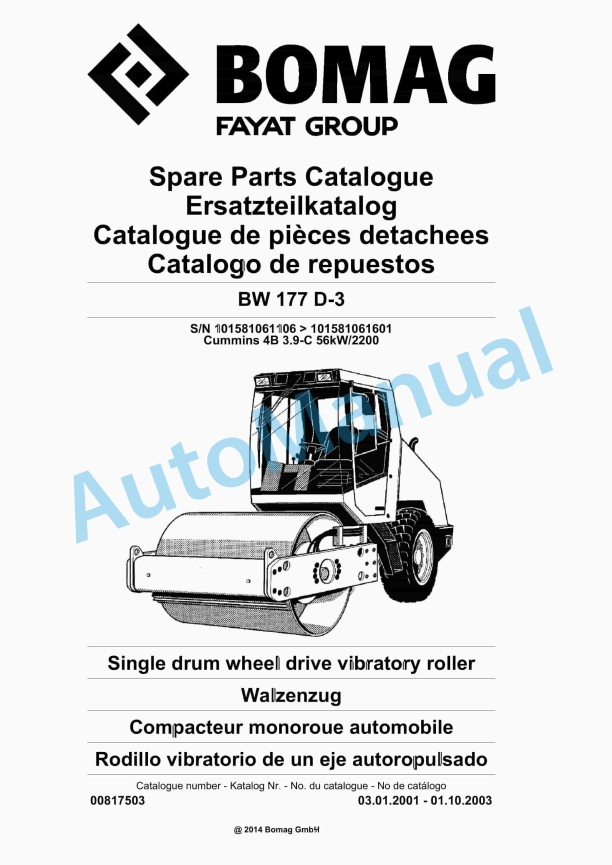 Bomag BW 177 D-3 Single Drum Wheel Drive Vibratory Roller Spare Parts Catalogue 00817503