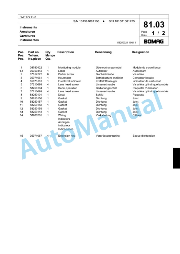 Bomag BW 177 D-3 Single Drum Wheel Drive Vibratory Roller Spare Parts Catalogue 00817503-2