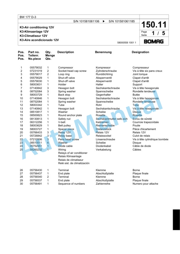 Bomag BW 177 D-3 Single Drum Wheel Drive Vibratory Roller Spare Parts Catalogue 00817503-3