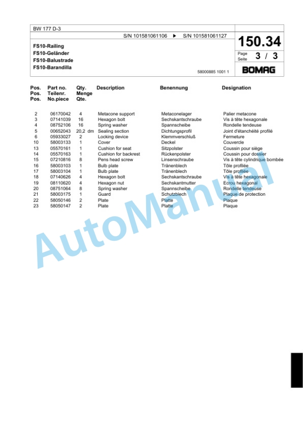 Bomag BW 177 D-3 Single Drum Wheel Drive Vibratory Roller Spare Parts Catalogue 00817503-4