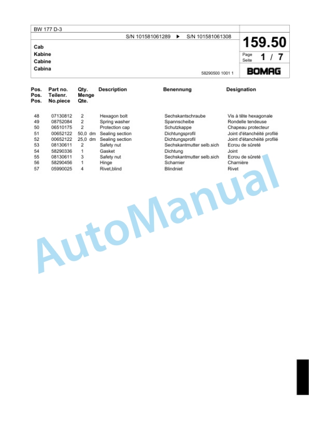 Bomag BW 177 D-3 Single Drum Wheel Drive Vibratory Roller Spare Parts Catalogue 00817503-5