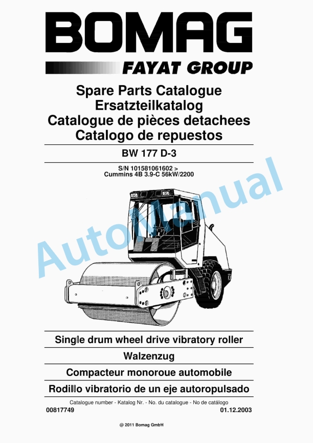 Bomag BW 177 D-3 Single Drum Wheel Drive Vibratory Roller Spare Parts Catalogue 00817749