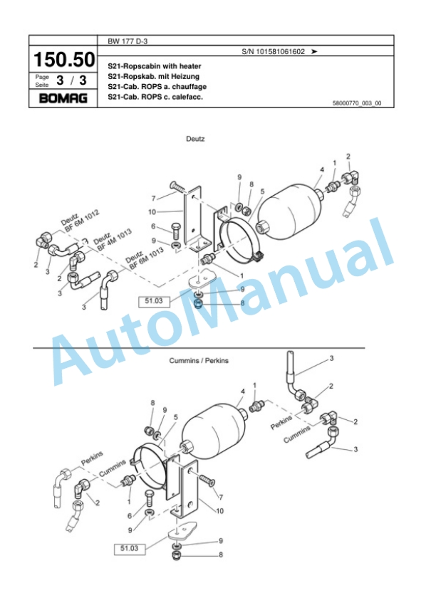Bomag BW 177 D-3 Single Drum Wheel Drive Vibratory Roller Spare Parts Catalogue 00817749-5