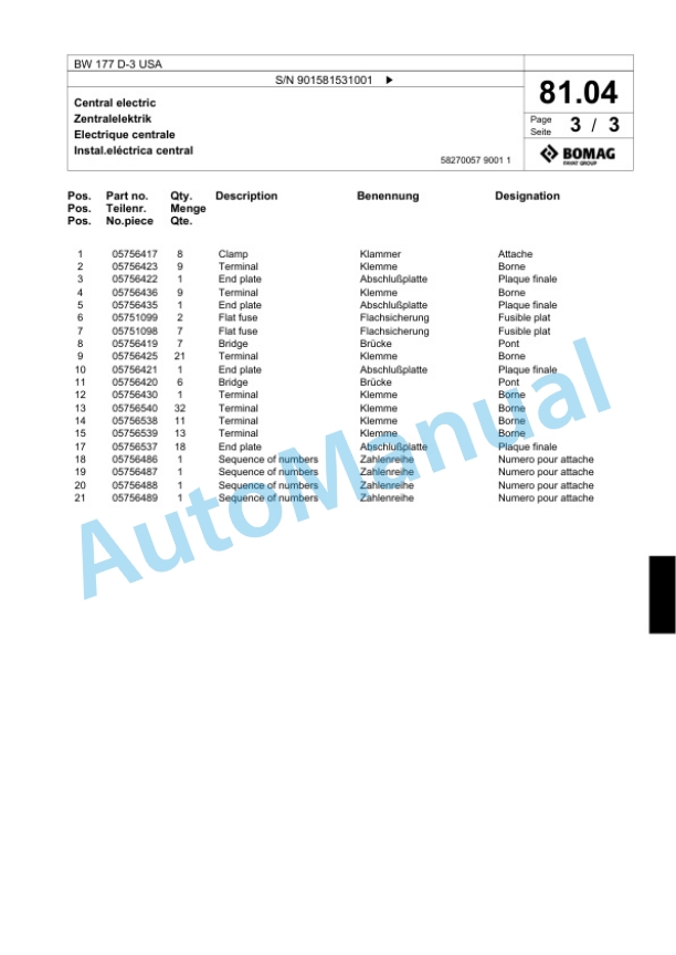 Bomag BW 177 D-3 USA Single Drum Wheel Drive Vibratory Roller Spare Parts Catalogue 00817675-2