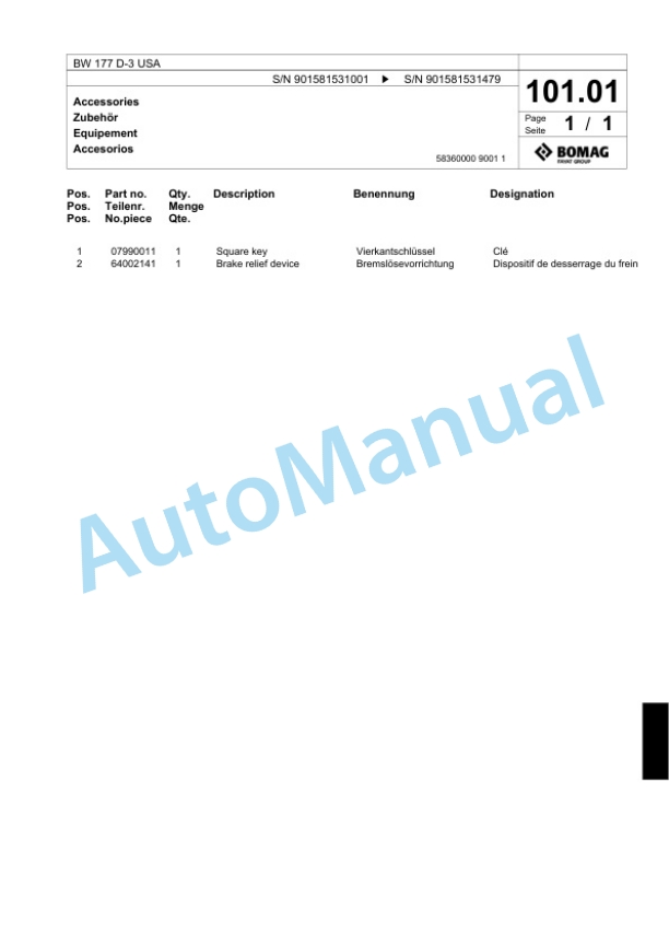 Bomag BW 177 D-3 USA Single Drum Wheel Drive Vibratory Roller Spare Parts Catalogue 00817675-3