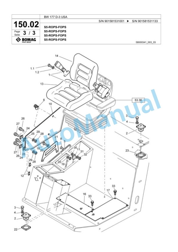 Bomag BW 177 D-3 USA Single Drum Wheel Drive Vibratory Roller Spare Parts Catalogue 00817675-4