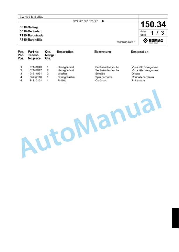 Bomag BW 177 D-3 USA Single Drum Wheel Drive Vibratory Roller Spare Parts Catalogue 00817675-5