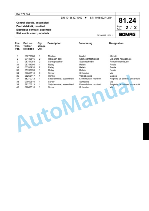 Bomag BW 177 D-4 Single Drum Wheel Drive Vibratory Roller Spare Parts Catalogue 00818451-2