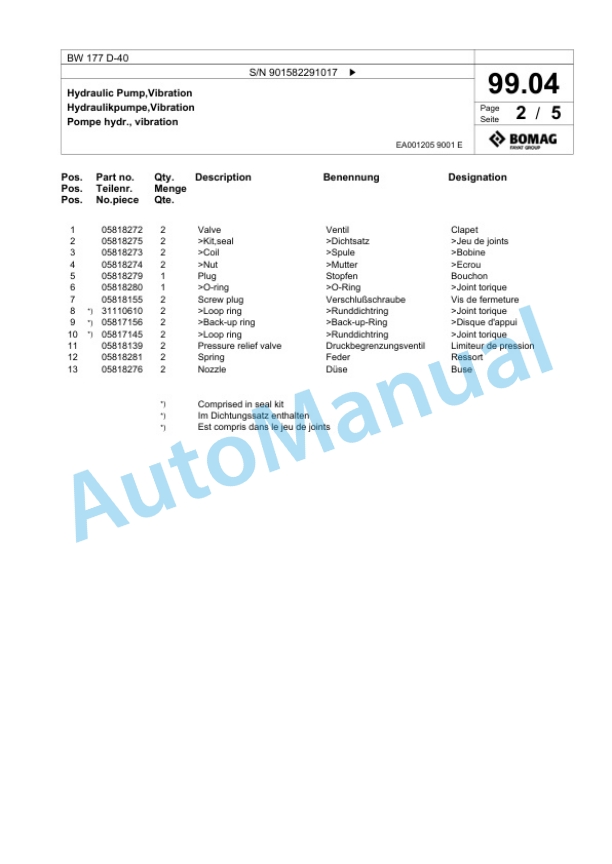 Bomag BW 177 D-40 Single Drum Wheel Drive Vibratory Roller Spare Parts Catalogue 00818525-3