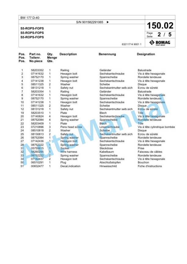 Bomag BW 177 D-40 Single Drum Wheel Drive Vibratory Roller Spare Parts Catalogue 00818525-5