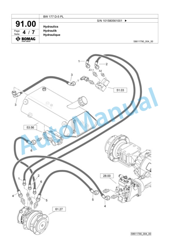Bomag BW 177 D-5 PL Single Drum Wheel Drive Vibratory Roller Spare Parts Catalogue 00827081-2