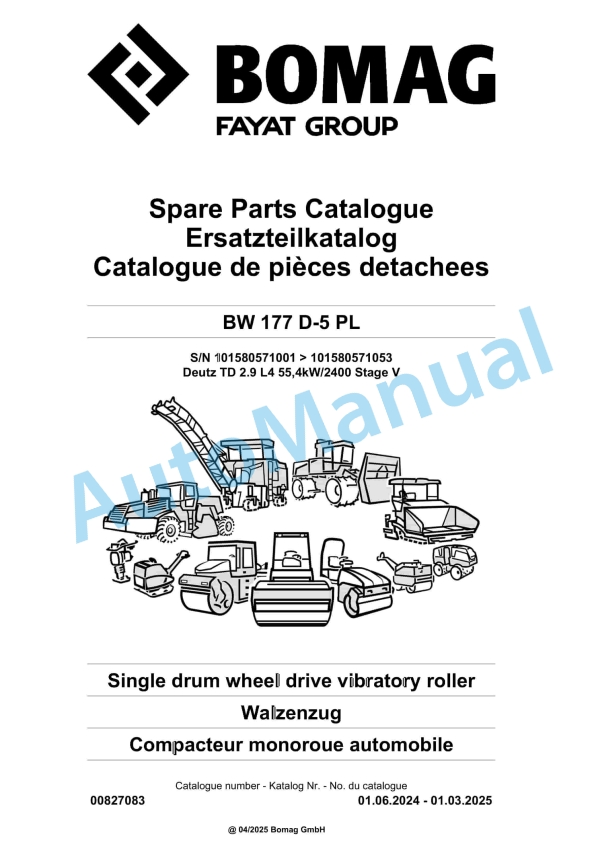 Bomag BW 177 D-5 PL Single Drum Wheel Drive Vibratory Roller Spare Parts Catalogue 00827083
