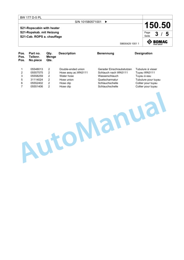 Bomag BW 177 D-5 PL Single Drum Wheel Drive Vibratory Roller Spare Parts Catalogue 00827083-3