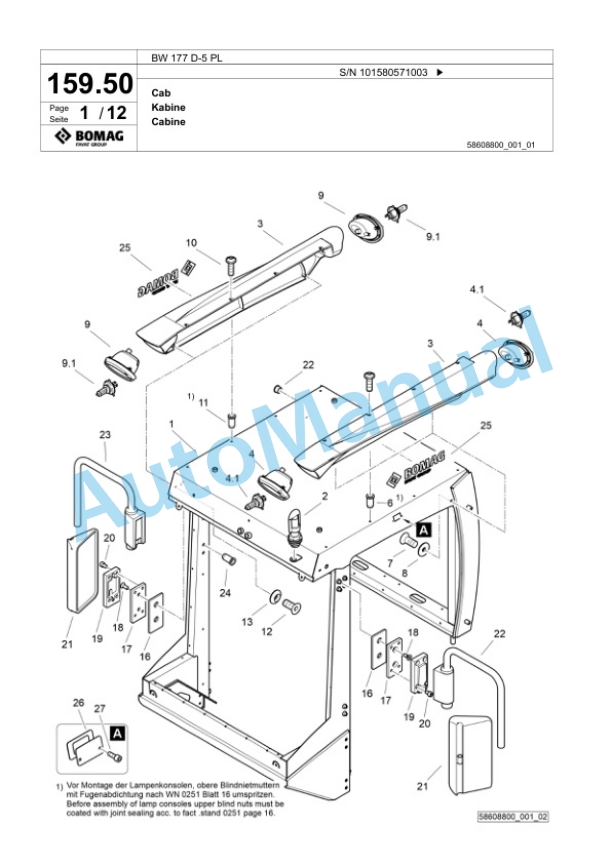 Bomag BW 177 D-5 PL Single Drum Wheel Drive Vibratory Roller Spare Parts Catalogue 00827083-4