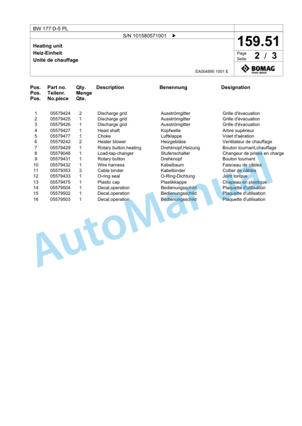 Bomag BW 177 D-5 PL Single Drum Wheel Drive Vibratory Roller Spare Parts Catalogue 00827083-5