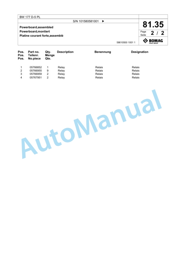 Bomag BW 177 D-5 PL Single Drum Wheel Drive Vibratory Roller Spare Parts Catalogue 00827085-2