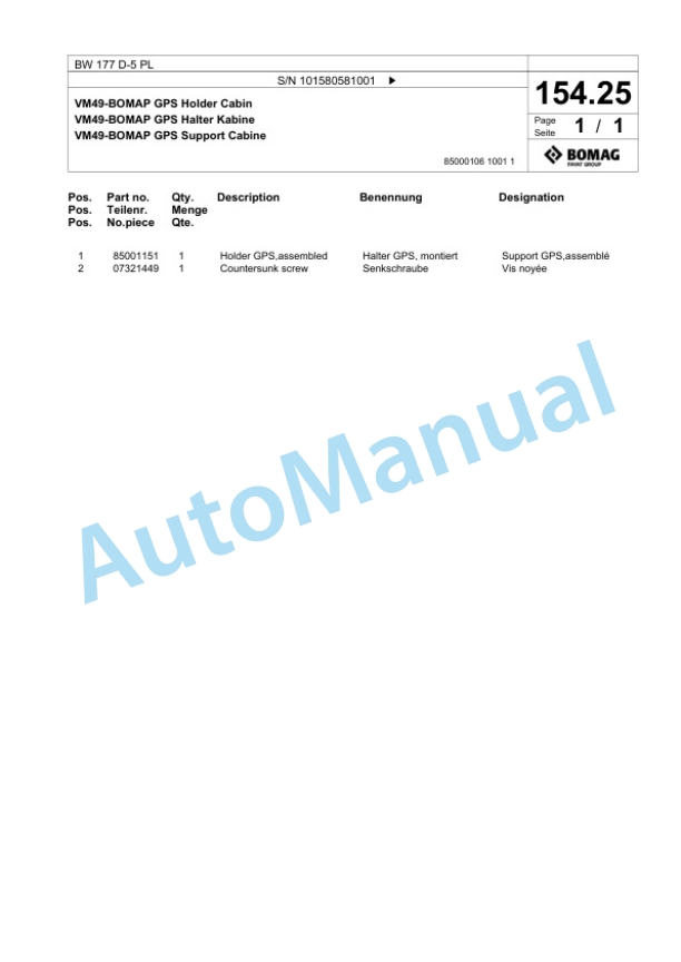 Bomag BW 177 D-5 PL Single Drum Wheel Drive Vibratory Roller Spare Parts Catalogue 00827085-4