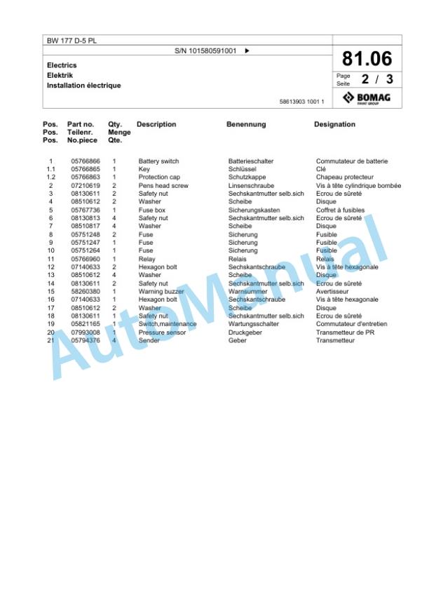 Bomag BW 177 D-5 PL Single Drum Wheel Drive Vibratory Roller Spare Parts Catalogue 00827087-2
