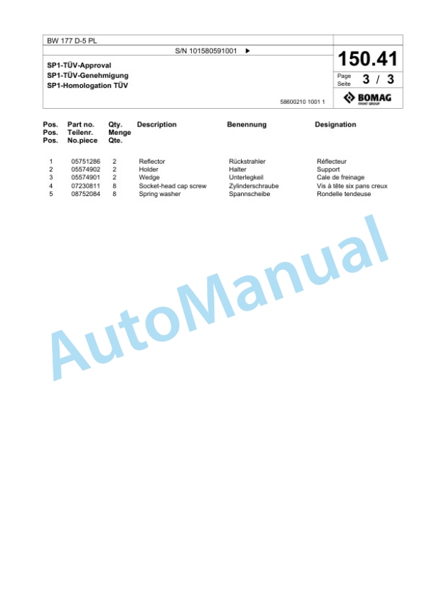 Bomag BW 177 D-5 PL Single Drum Wheel Drive Vibratory Roller Spare Parts Catalogue 00827087-3